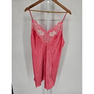 Vintage 1990s Wendy Ann Womens Sz L Satin Nightie Nightgown Pink Lace Trim